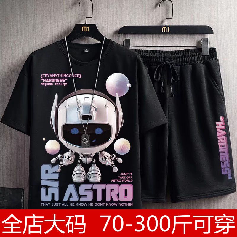 300 catties fat plus size summer tide brand ins short-sleeved t-shirt shorts fat men loose casual sports suit