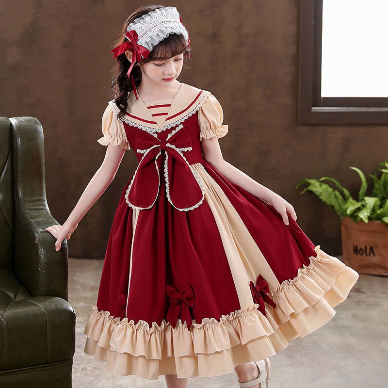 Girls' Lolita Princess Dress  New Short-Sleeved Skirt Children's Summer Dress College Style Western Fashion Dress