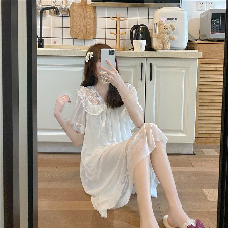Pure desire lace lace mesh stitching nightdress female summer thin section sweet short-sleeved home service pajamas summer ins style