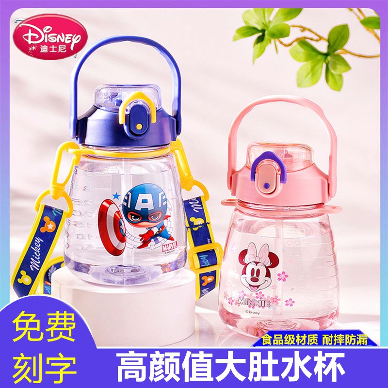 迪士尼儿童水杯带吸管宝宝杯子幼儿园背带便携小学生水壶防摔防漏