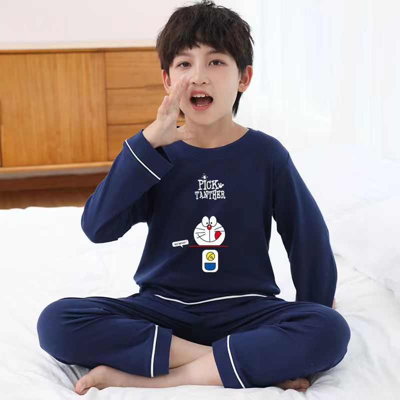 Children's pajamas, boys' long sleeved trousers, spring and autumn new boys' middle and large children's air-conditioning clothes, home clothes, suit, thin velvet summer