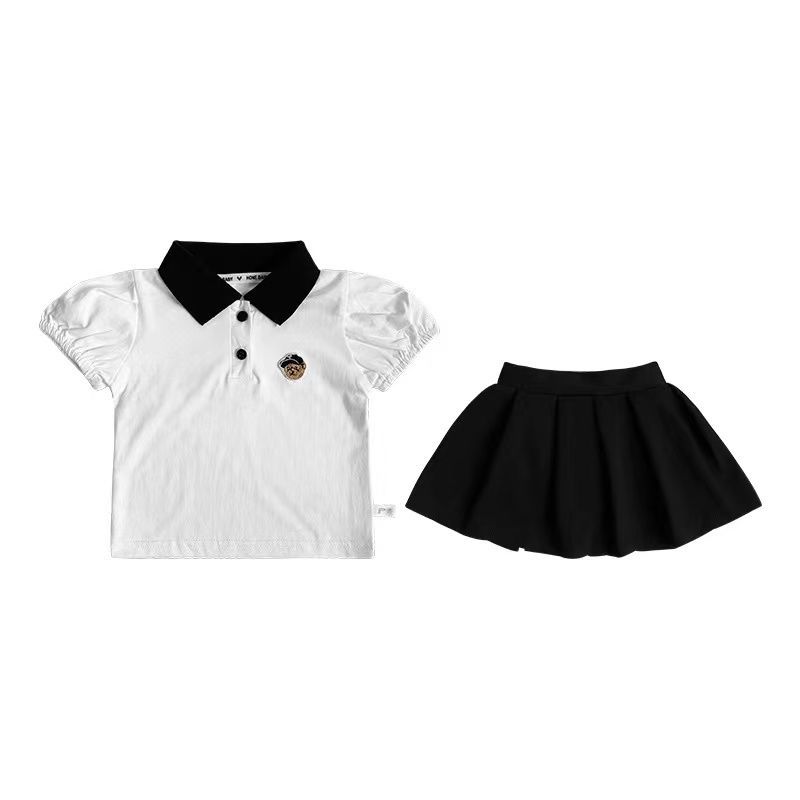 Cotton boys' and girls' short sleeve T-shirt children's clothes Bubble Sleeve Top + pleated skirt two-piece set of foreign style skirt set
