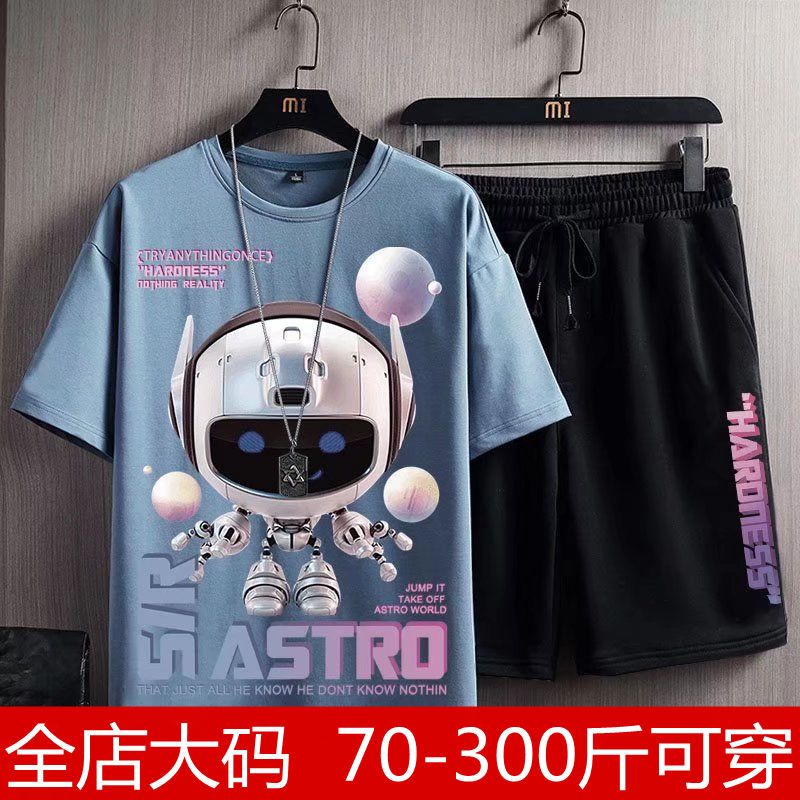 300 catties fat plus size summer tide brand ins short-sleeved t-shirt shorts fat men loose casual sports suit