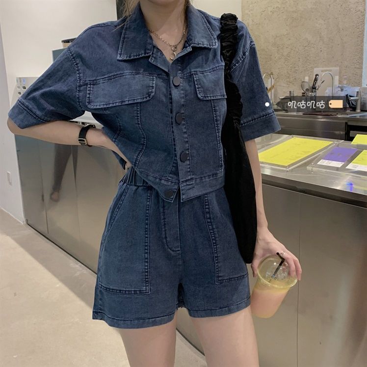 減齡氣質短袖襯衫牛仔套裝女寬鬆夏季新款大碼胖mm闊腿短褲兩件套