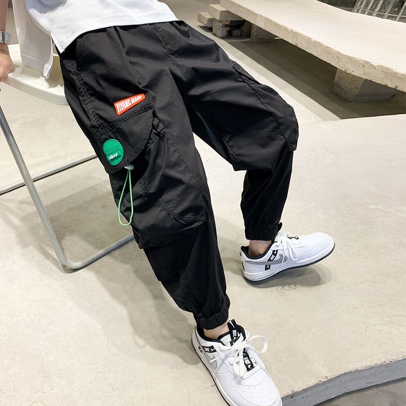 Boys' summer overalls pants fashion label middle school children's summer clothes fried street boys' mosquito proof thin children's casual pants