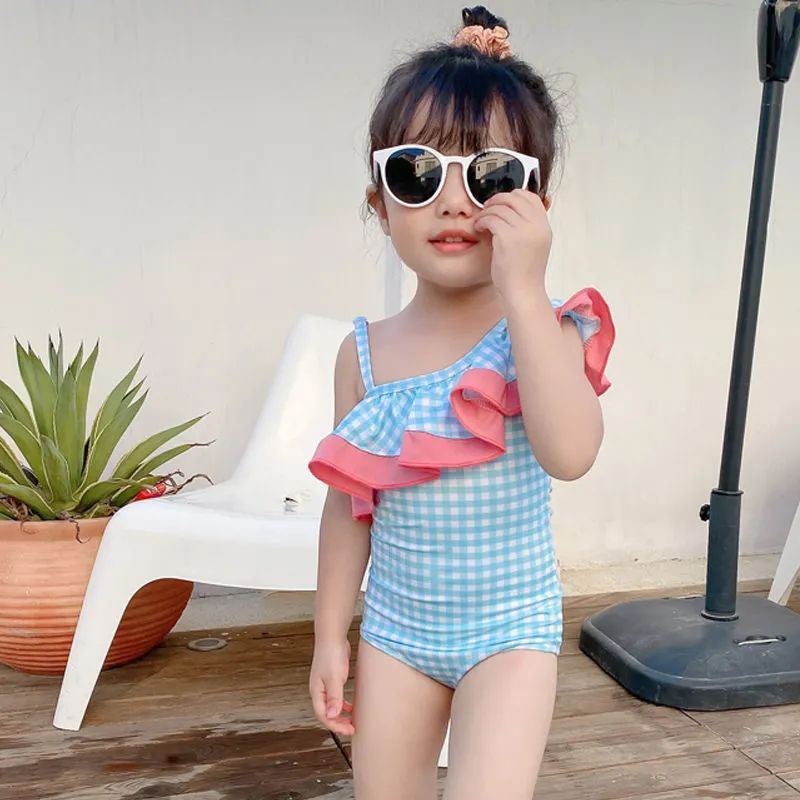 韩国新款儿童泳衣女女童小公主连体宝宝游泳衣可爱格子韩版童泳装