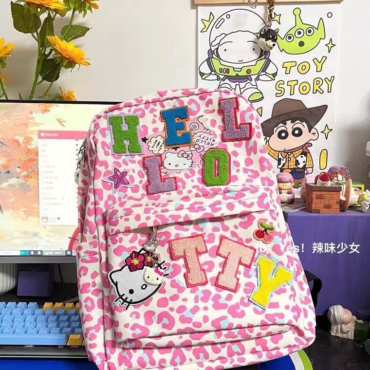 辣味少女原創hellokitty書包女粉色豹紋雙肩包春季新款大容量可愛