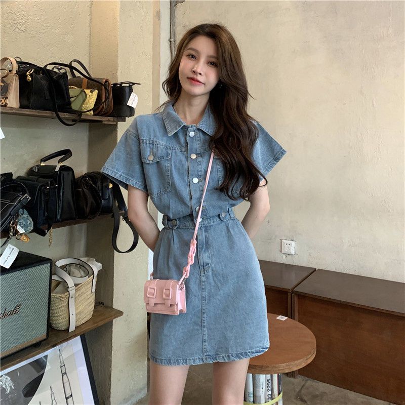 Waist slimming denim dress women's summer new niche high-end design sense short-sleeved French skirt ins tide