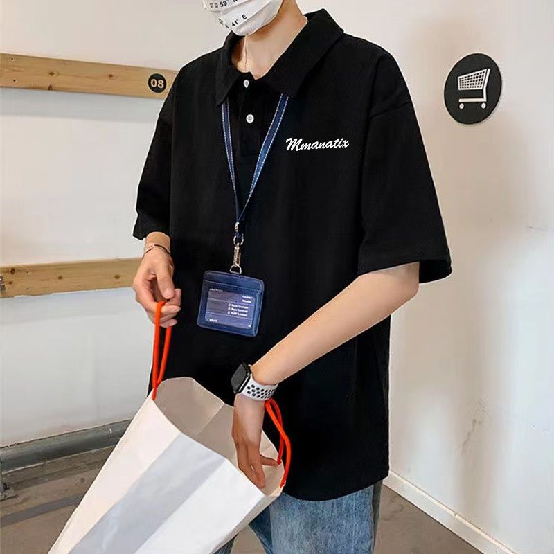 polo衫純棉男士潮牌翻領短袖T恤寬鬆日系港風百搭半袖夏季情侶裝