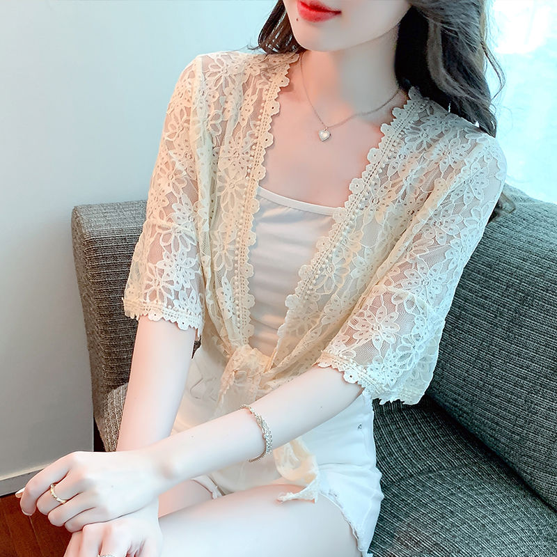 【送吊帶】夏季防曬衣蕾絲小披肩外套女短款開衫外搭中袖薄款上衣