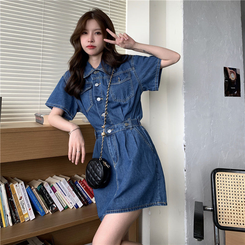 Waist slimming denim dress women's summer new niche high-end design sense short-sleeved French skirt ins tide