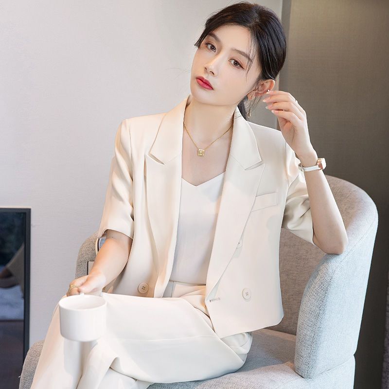 High-end short-section small suit jacket women's short-sleeved summer thin-section professional fried street royal sister suit wide-leg pants suit