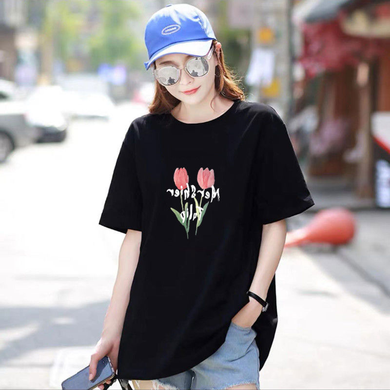鬱金香印花中長款短袖t恤女2023夏季新款ins潮寬鬆設計感小眾上衣