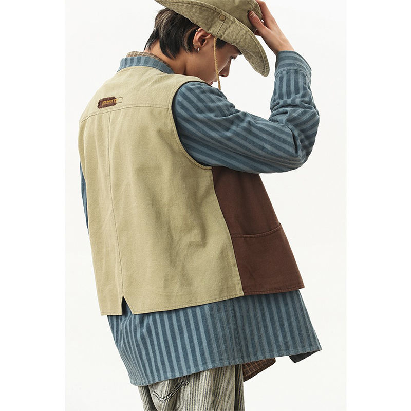 Japanese retro color contrast vest design sense niche boys and girls spring coat jacket couple sleeveless vest vest