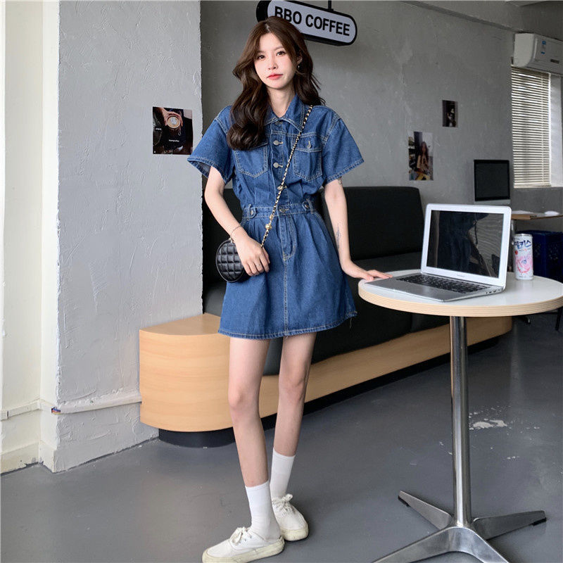 Waist slimming denim dress women's summer new niche high-end design sense short-sleeved French skirt ins tide