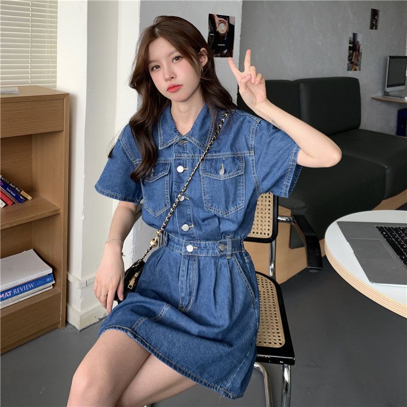 Waist slimming denim dress women's summer new niche high-end design sense short-sleeved French skirt ins tide