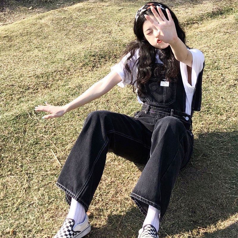 150 small summer new black denim overalls women's Korean version loose high waist slim wide leg mopping pants