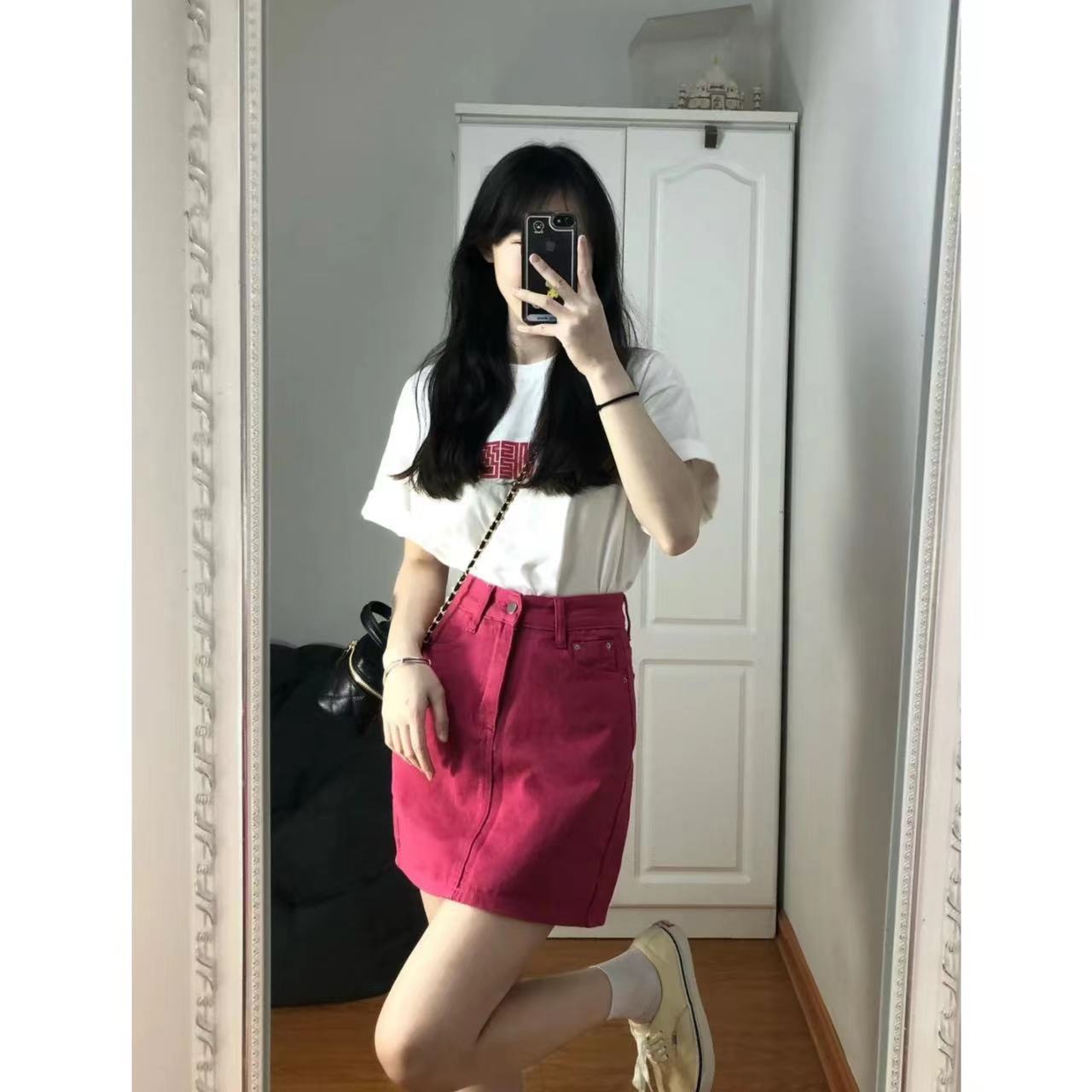 Rose red skirt women's lined short skirt all-match white and thin short skirt summer slim hot girl wear high waist