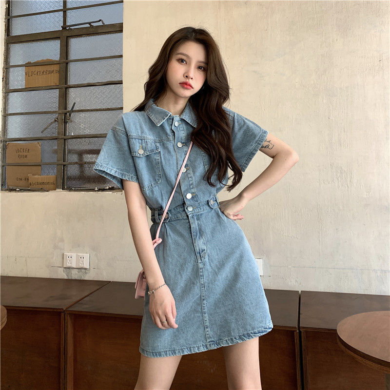 Waist slimming denim dress women's summer new niche high-end design sense short-sleeved French skirt ins tide