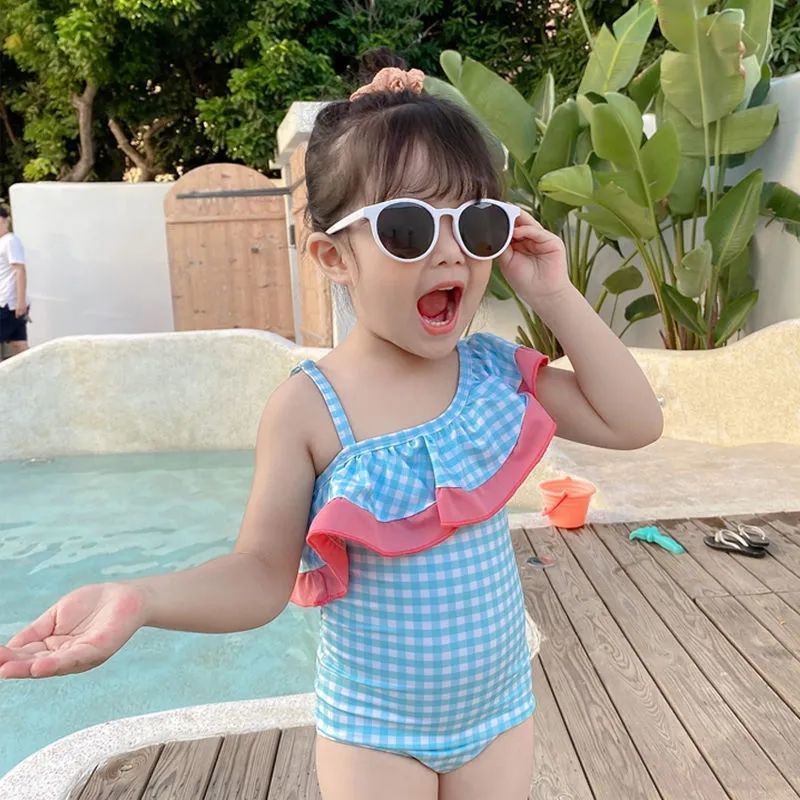 韩国新款儿童泳衣女女童小公主连体宝宝游泳衣可爱格子韩版童泳装