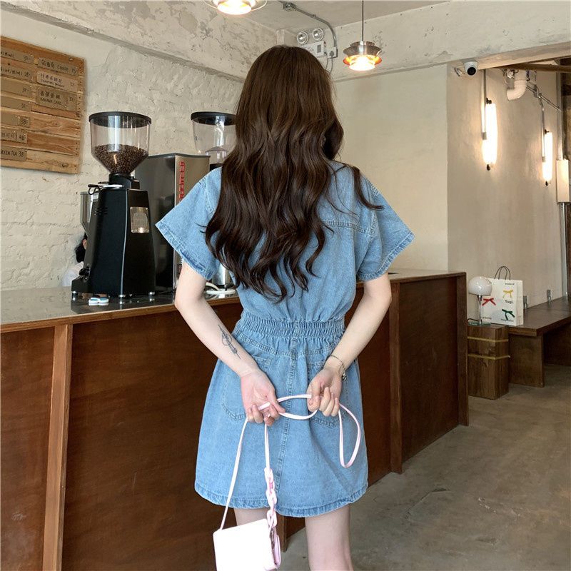 Waist slimming denim dress women's summer new niche high-end design sense short-sleeved French skirt ins tide