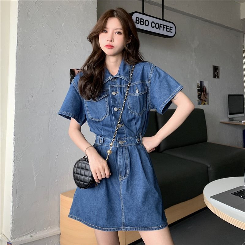 Waist slimming denim dress women's summer new niche high-end design sense short-sleeved French skirt ins tide