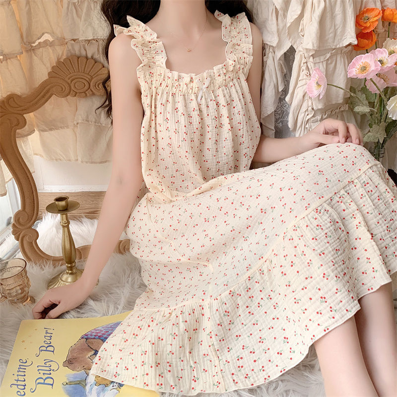 The story of the flower season floral sling nightdress female cherry sweet and cute summer thin pajamas pure cotton home service