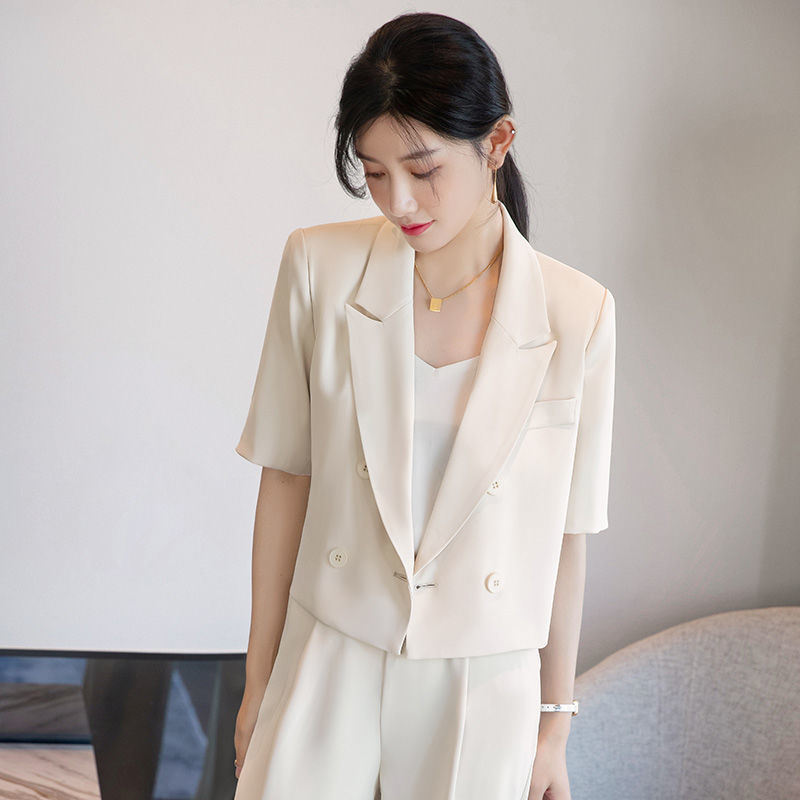 High-end short-section small suit jacket women's short-sleeved summer thin-section professional fried street royal sister suit wide-leg pants suit