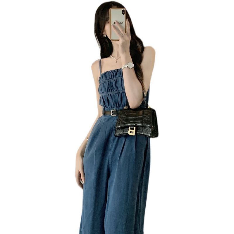 2022 new summer denim strapless vest suspenders fried street temperament loose high waist design wide leg jumpsuits