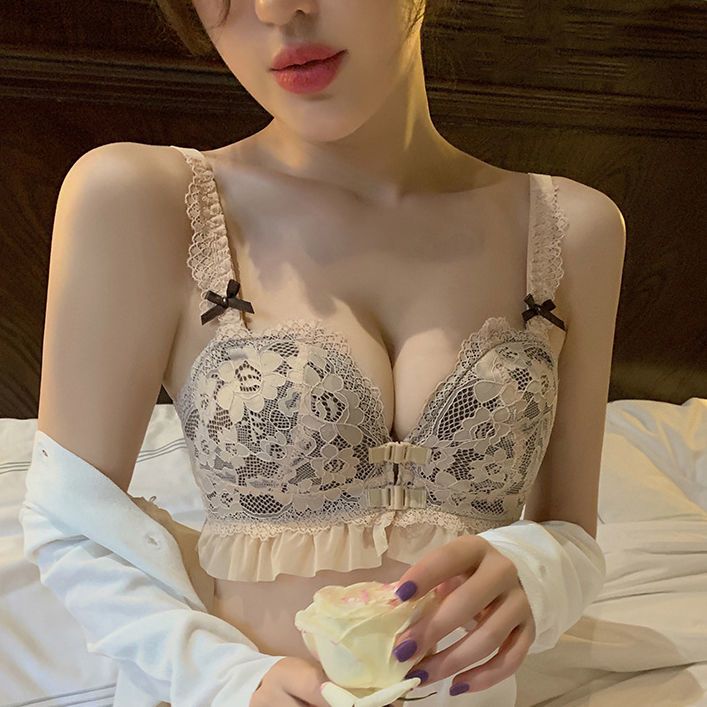 Front buckle underwear women's small breasts gathered palm type non-empty cup bra U-shaped beautiful back no steel ring bra set looks big