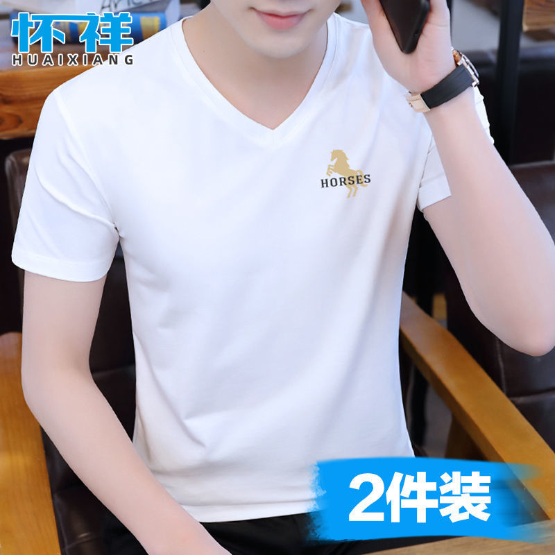 2023新款純棉短袖t恤男士夏裝男裝半袖冰絲上衣服V領夏季薄款體恤