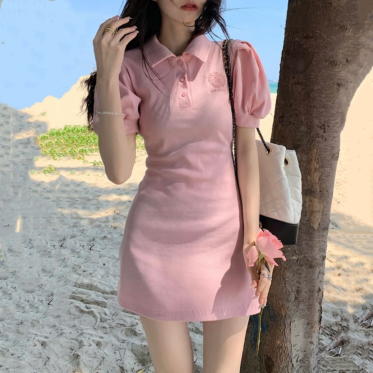 辣妹POLO領襯衫連衣裙女夏季2023新款收腰顯瘦泡泡袖短裙粉色裙子