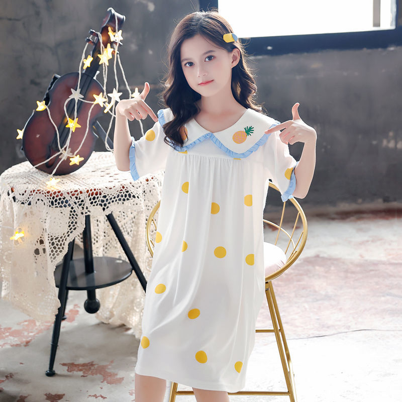 兒童睡裙春夏裝2021新款女童短袖純棉洋氣套頭小女孩薄款家居服夏