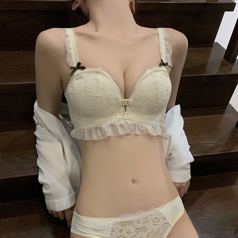 Front buckle underwear women's small breasts gathered palm type non-empty cup bra U-shaped beautiful back no steel ring bra set looks big