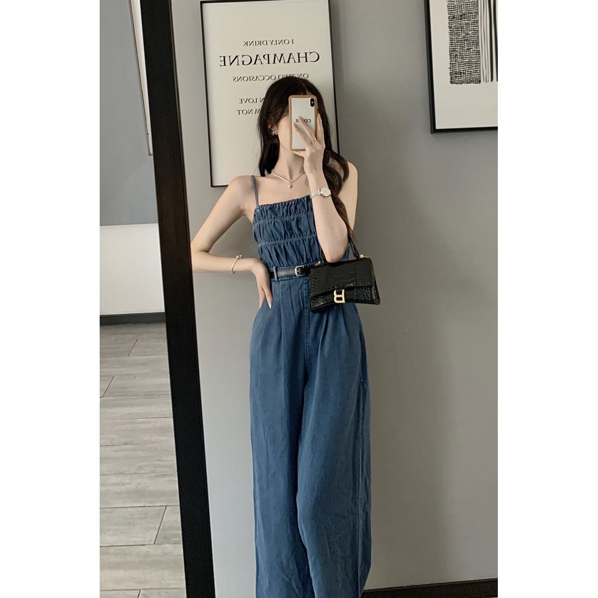 2022 new summer denim strapless vest suspenders fried street temperament loose high waist design wide leg jumpsuits