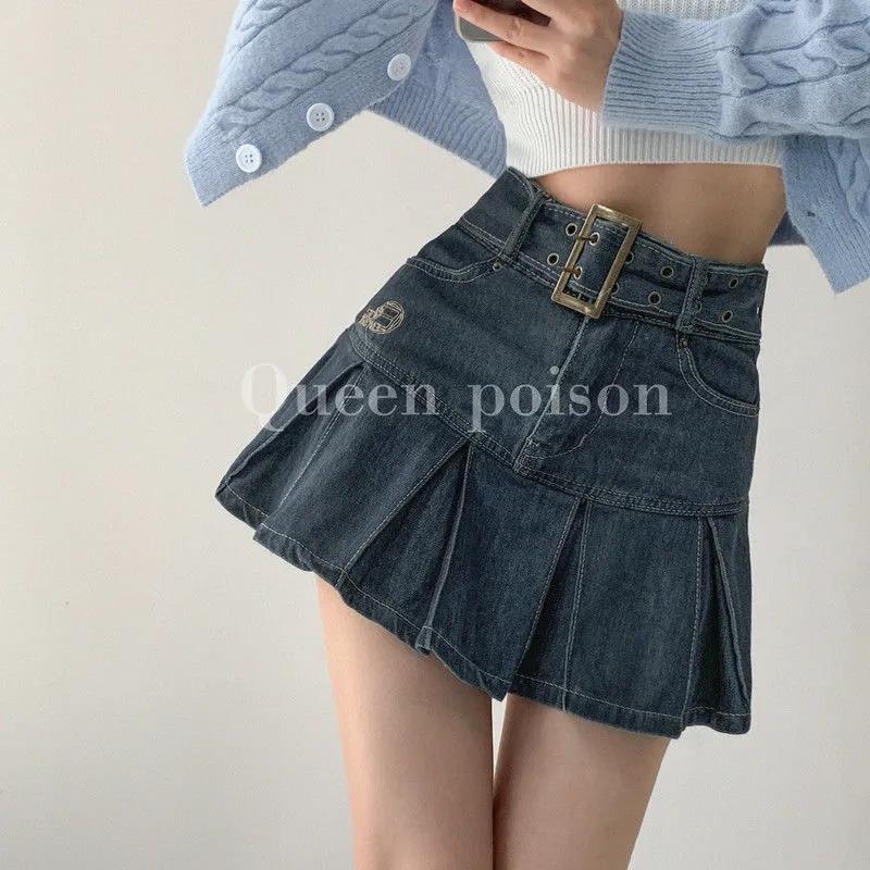大碼辣妹刺繡牛仔半身裙女春秋復古防走光百褶裙高腰顯瘦A字短裙