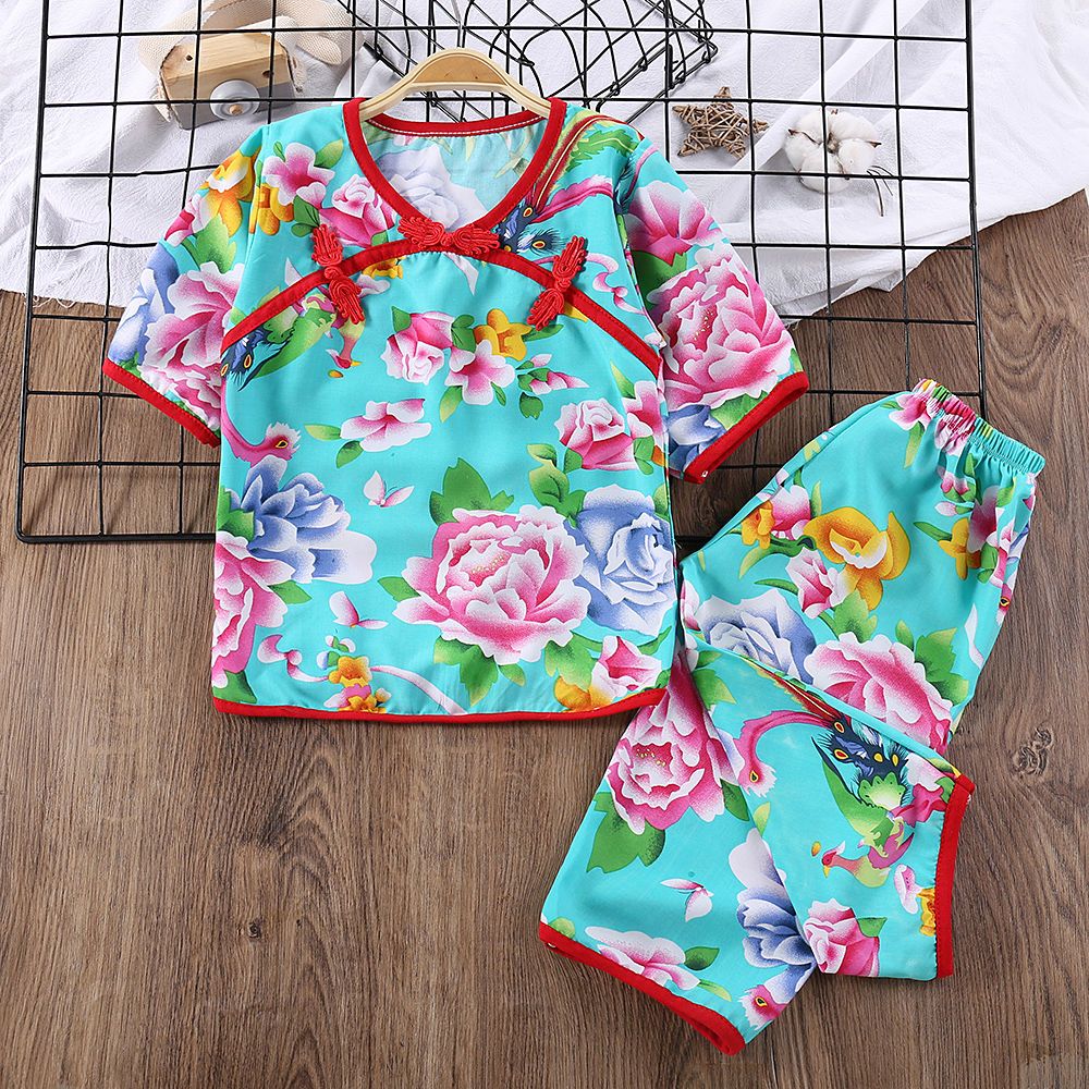 Summer girls' pajamas cotton silk three-quarter sleeves home clothes Hanfu suit girls and boys short-sleeved two-piece set 0-7 years old