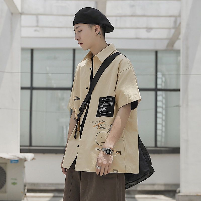 Japanese trendy brand tooling short-sleeved shirt men's loose graffiti half-sleeved bf shirt jacket men's trendy ins all-match ruffian handsome
