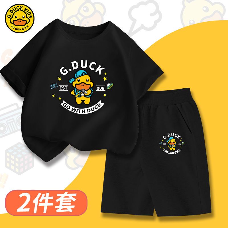 正品小黄鸭纯棉儿童夏季套装短袖五分裤中大童运动装男女孩夏装潮