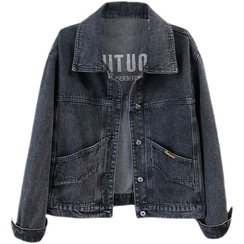 Denim jacket women's Korean version loose 2022 spring and autumn new solid color all-match thin embroidered black short jacket trend