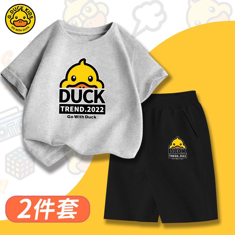 正品小黄鸭纯棉儿童夏季套装短袖五分裤中大童运动装男女孩夏装潮