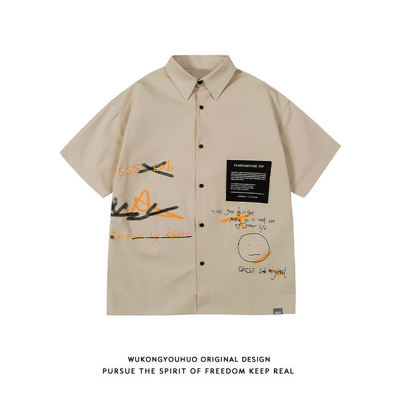 Japanese trendy brand tooling short-sleeved shirt men's loose graffiti half-sleeved bf shirt jacket men's trendy ins all-match ruffian handsome