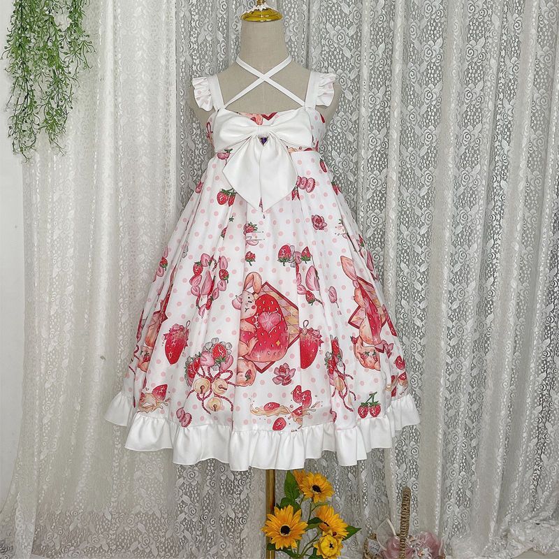 [Full stock] Korean mushroom cool ~ original design Lolita dress strawberry cute rabbit jsk suspender dress female