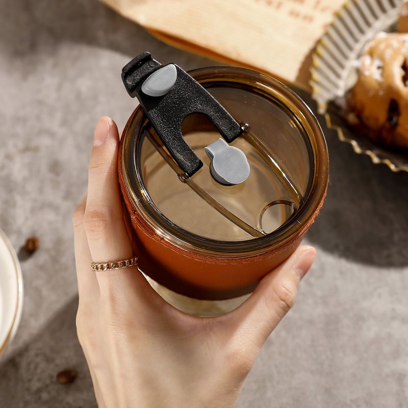Beautiful home glass ins high beauty female straw cup with leather cover heat-resistant double drinking cup bamboo coffee cup