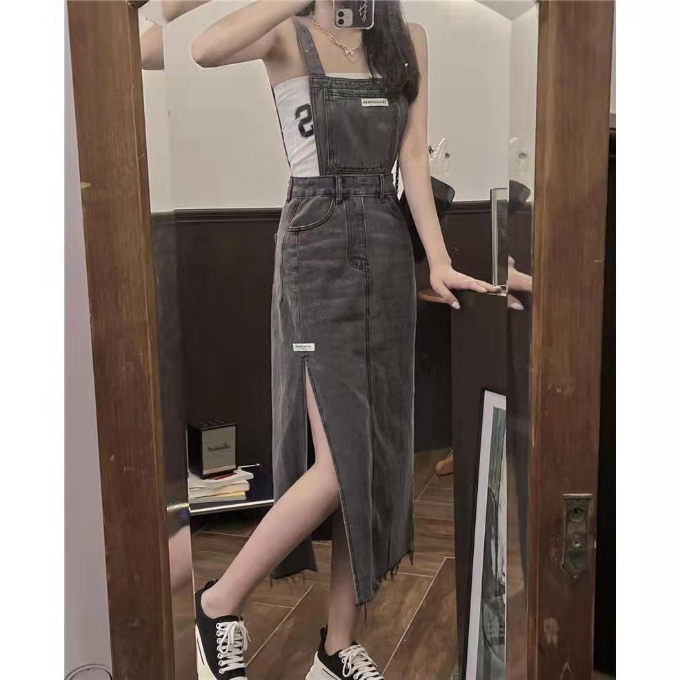 Suspender skirt women's 2022 summer new slit skirt slimming skirt temperament denim long skirt dress summer