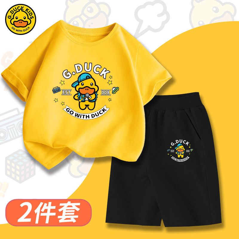 正品小黄鸭纯棉儿童夏季套装短袖五分裤中大童运动装男女孩夏装潮