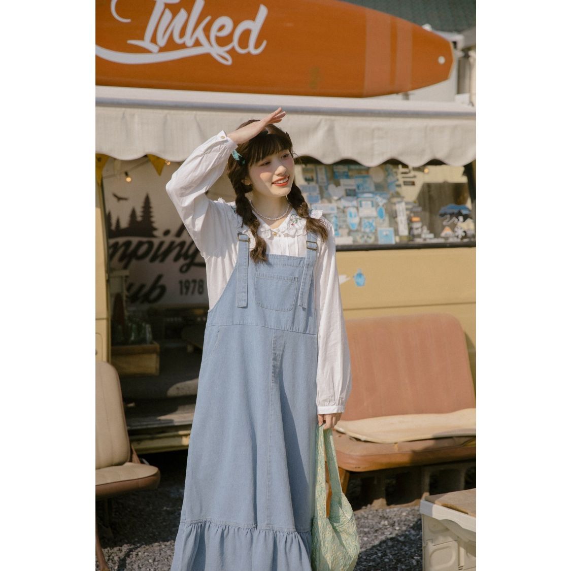 Denim suspender skirt female student 2022 loose ruffled long section sweet retro small fresh art dress