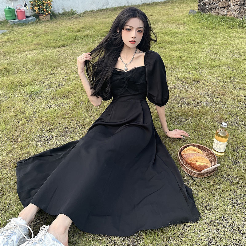 夏季2022新款胖mm蝴蝶結收腰顯瘦超仙氣質連衣裙女方領泡泡袖長裙