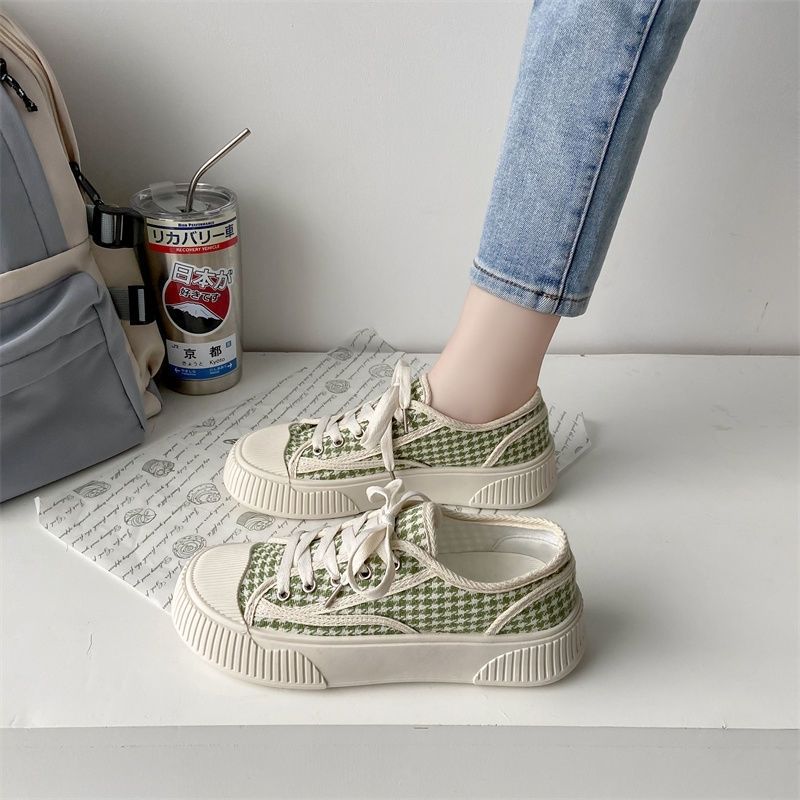 Plover woodpecker thousand bird grid canvas shoes women's  summer new thick bottom biscuit shoes Hong Kong style retro shoes