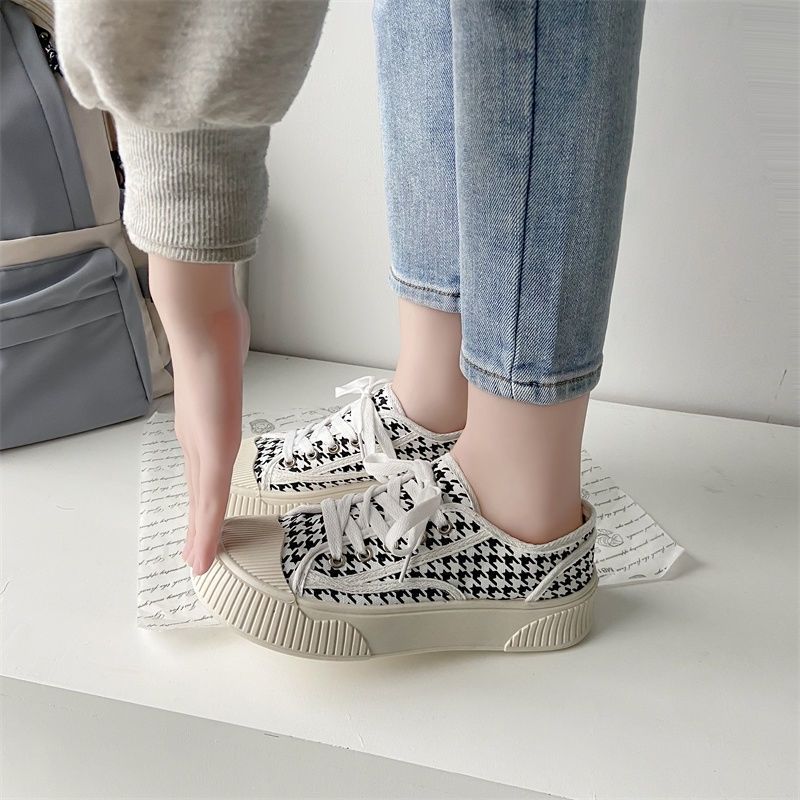 Plover woodpecker thousand bird grid canvas shoes women's  summer new thick bottom biscuit shoes Hong Kong style retro shoes